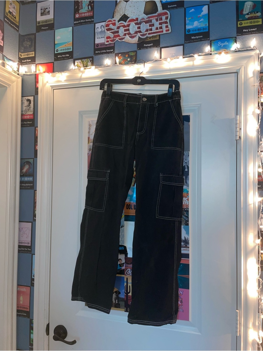 Tilly's Black Straight Leg Cargo Pants with White Contrast Stitching
